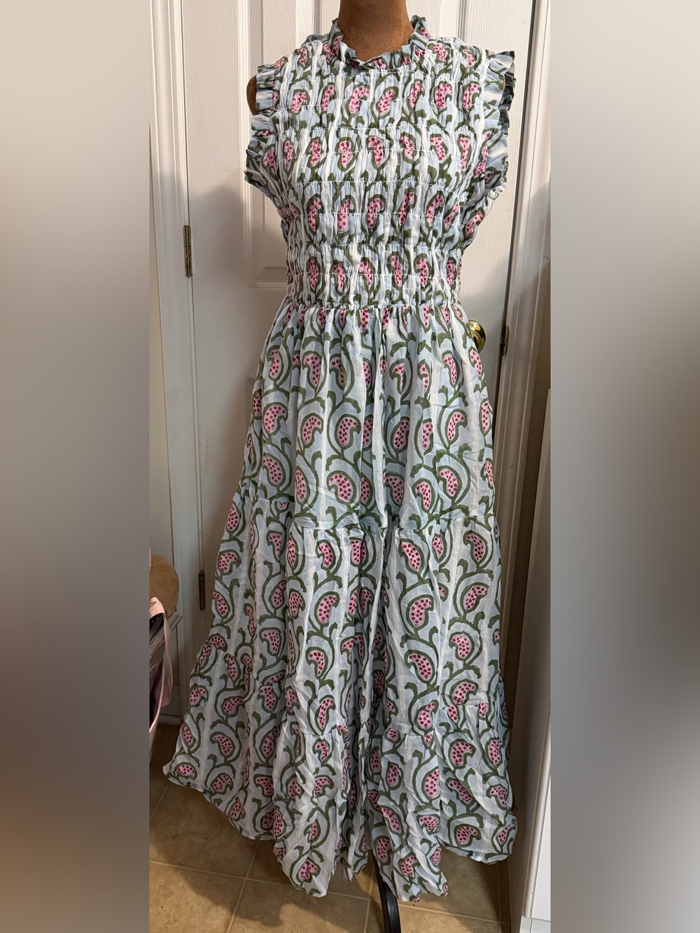 Oliphant Smocked 100% Cotton Voile Sleeveless Maxi Dress in Goa Green Sz L